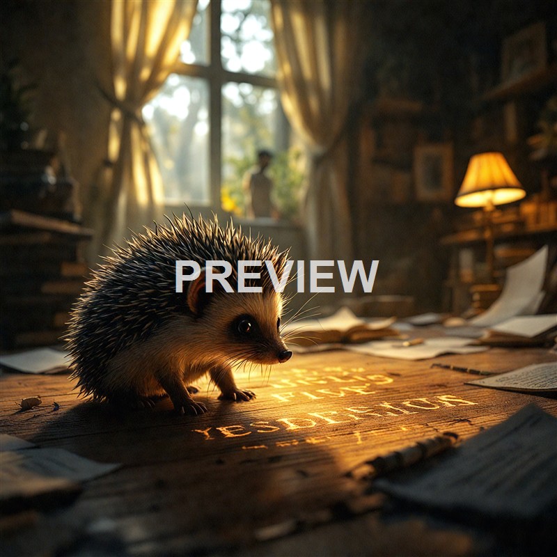 A small hedgehog standing on a wooden table in a warmly lit, cozy room with scattered papers, a lamp, and a large window with curtains, while a person stands outside in the background.